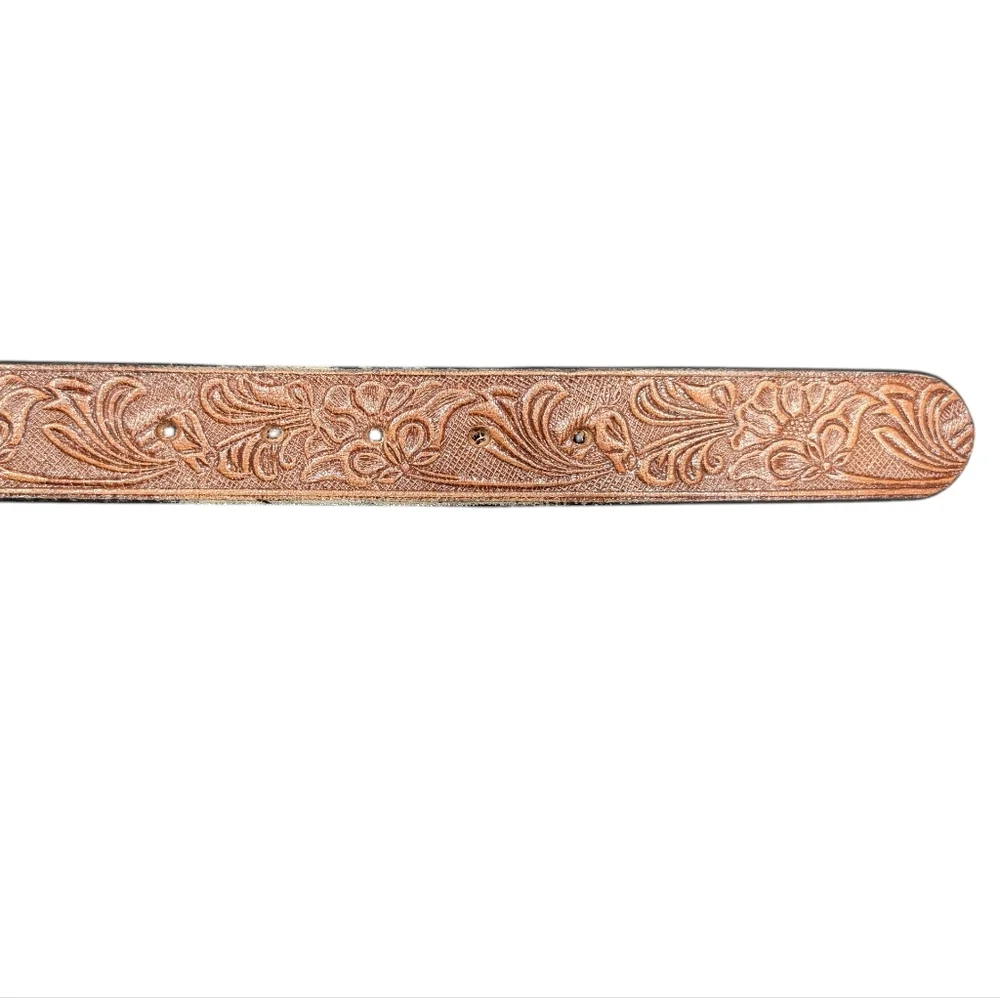 C.L. Genuine Leather Brown Embossed Floral Horse Belt Silver Buckle Size 38 - Picture 9 of 16